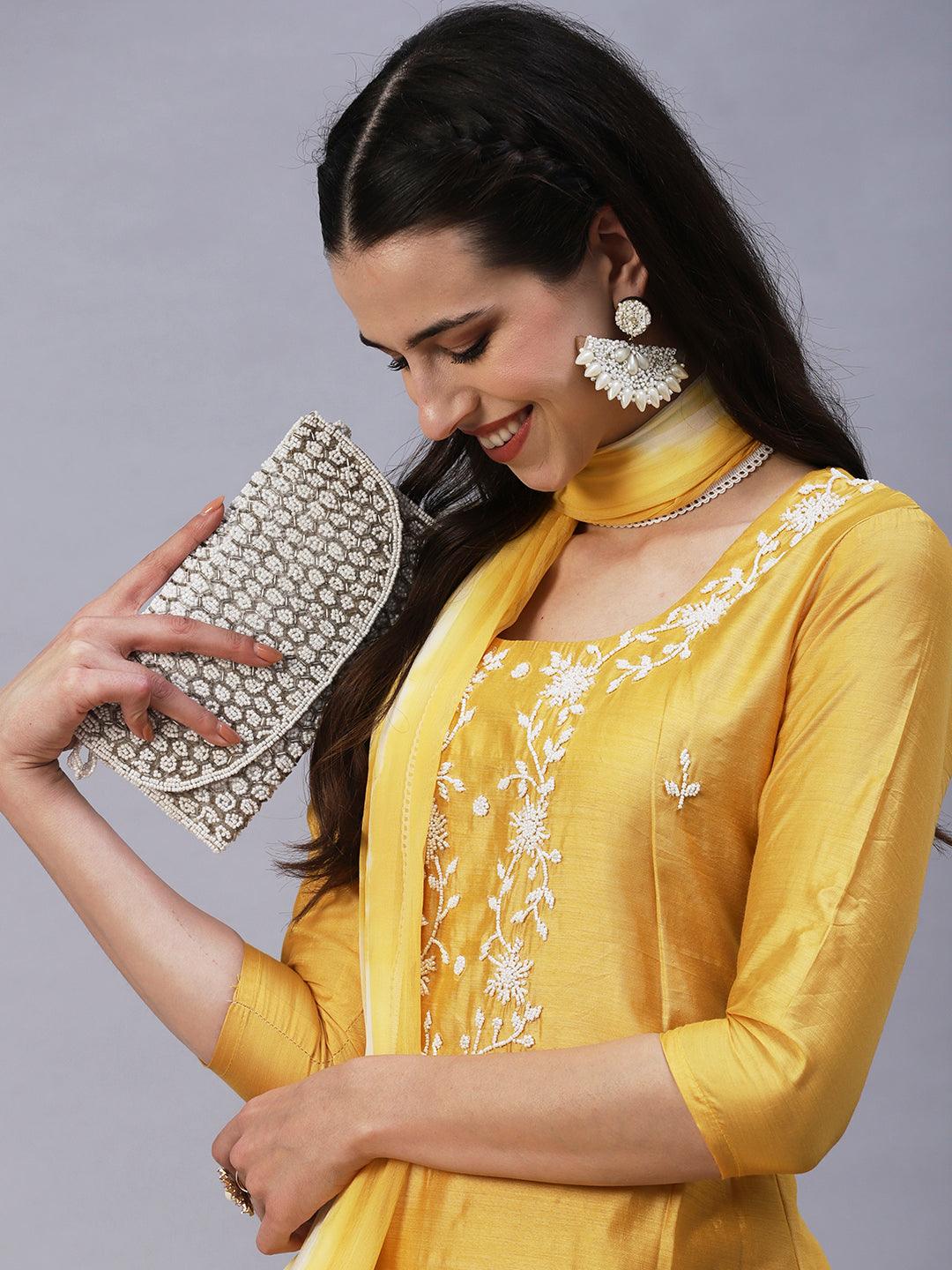 Solid Pearl Embroidered Kurta With Pants & Shibori Dupatta - Yellow - Indiakreations