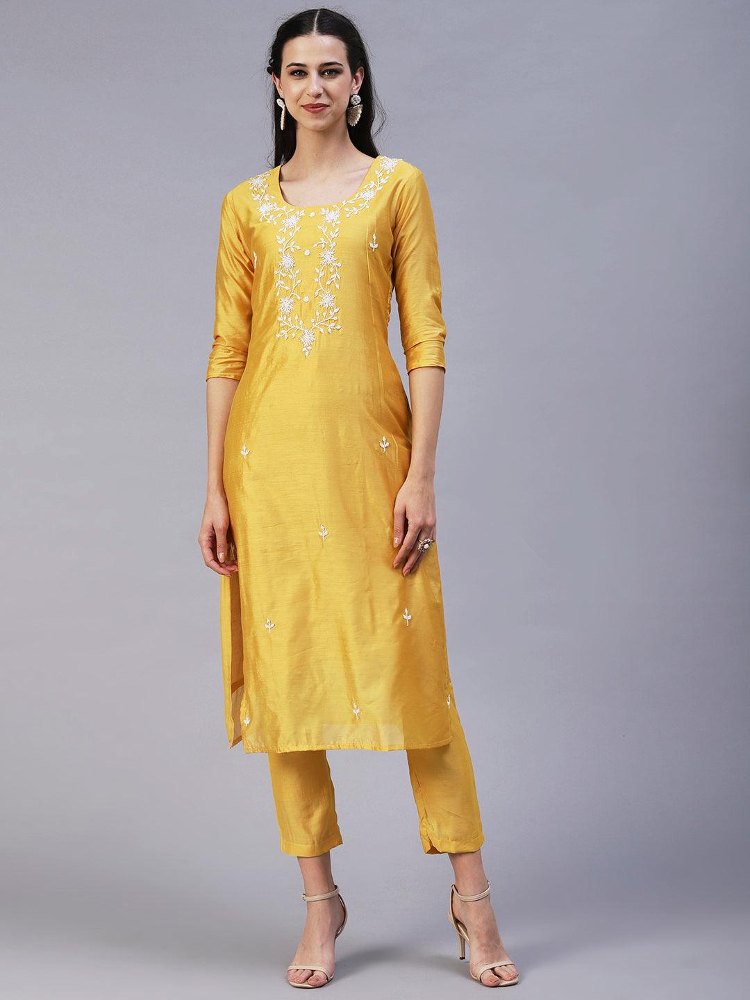 Solid Pearl Embroidered Kurta With Pants & Shibori Dupatta - Yellow - Indiakreations