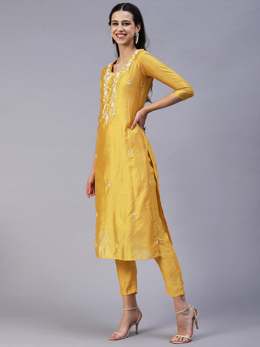 Solid Pearl Embroidered Kurta With Pants & Shibori Dupatta - Yellow - Indiakreations