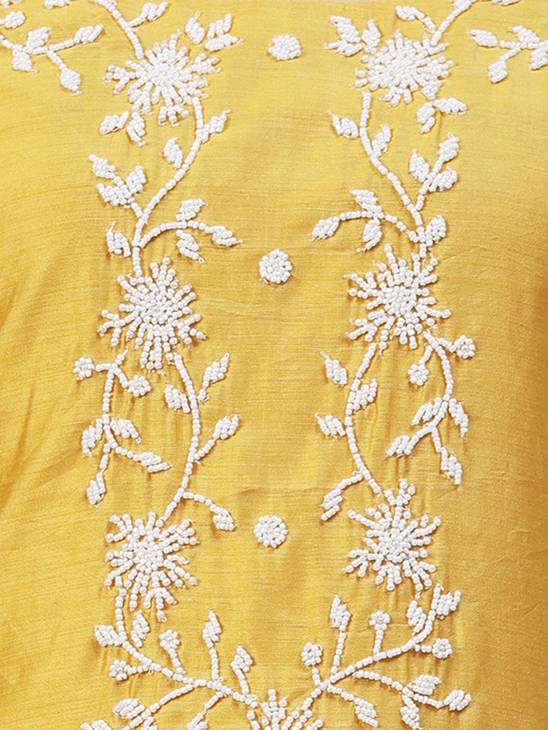 Solid Pearl Embroidered Kurta With Pants & Shibori Dupatta - Yellow - Indiakreations