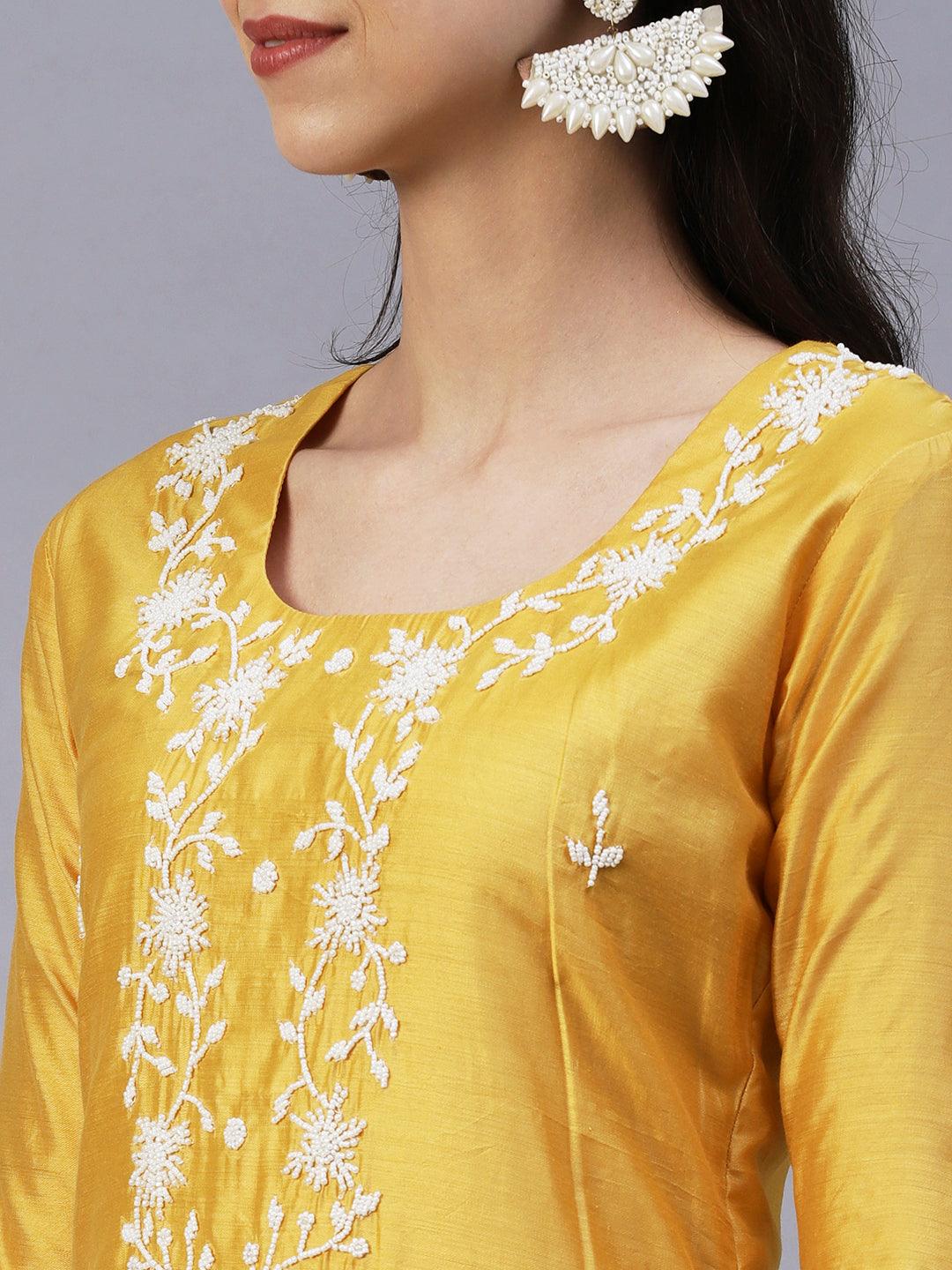 Solid Pearl Embroidered Kurta With Pants & Shibori Dupatta - Yellow - Indiakreations