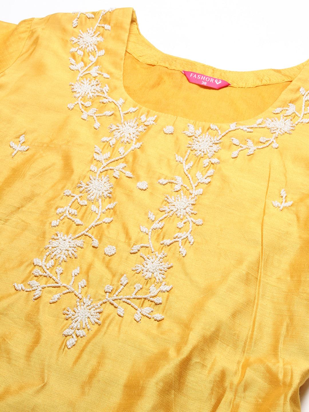 Solid Pearl Embroidered Kurta With Pants & Shibori Dupatta - Yellow - Indiakreations