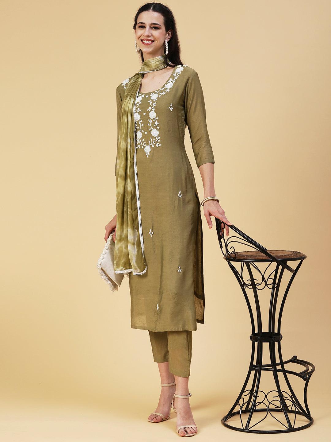 Solid Pearl Embroidered Kurta With Pants & Shibori Dupatta - Olive Green - Indiakreations