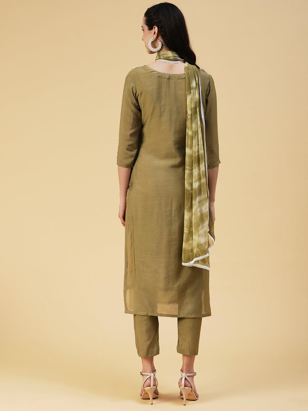 Solid Pearl Embroidered Kurta With Pants & Shibori Dupatta - Olive Green - Indiakreations