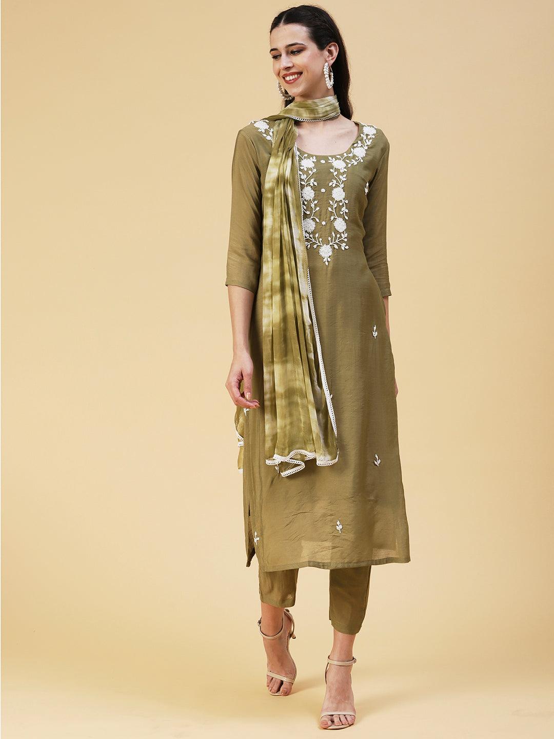 Solid Pearl Embroidered Kurta With Pants & Shibori Dupatta - Olive Green - Indiakreations