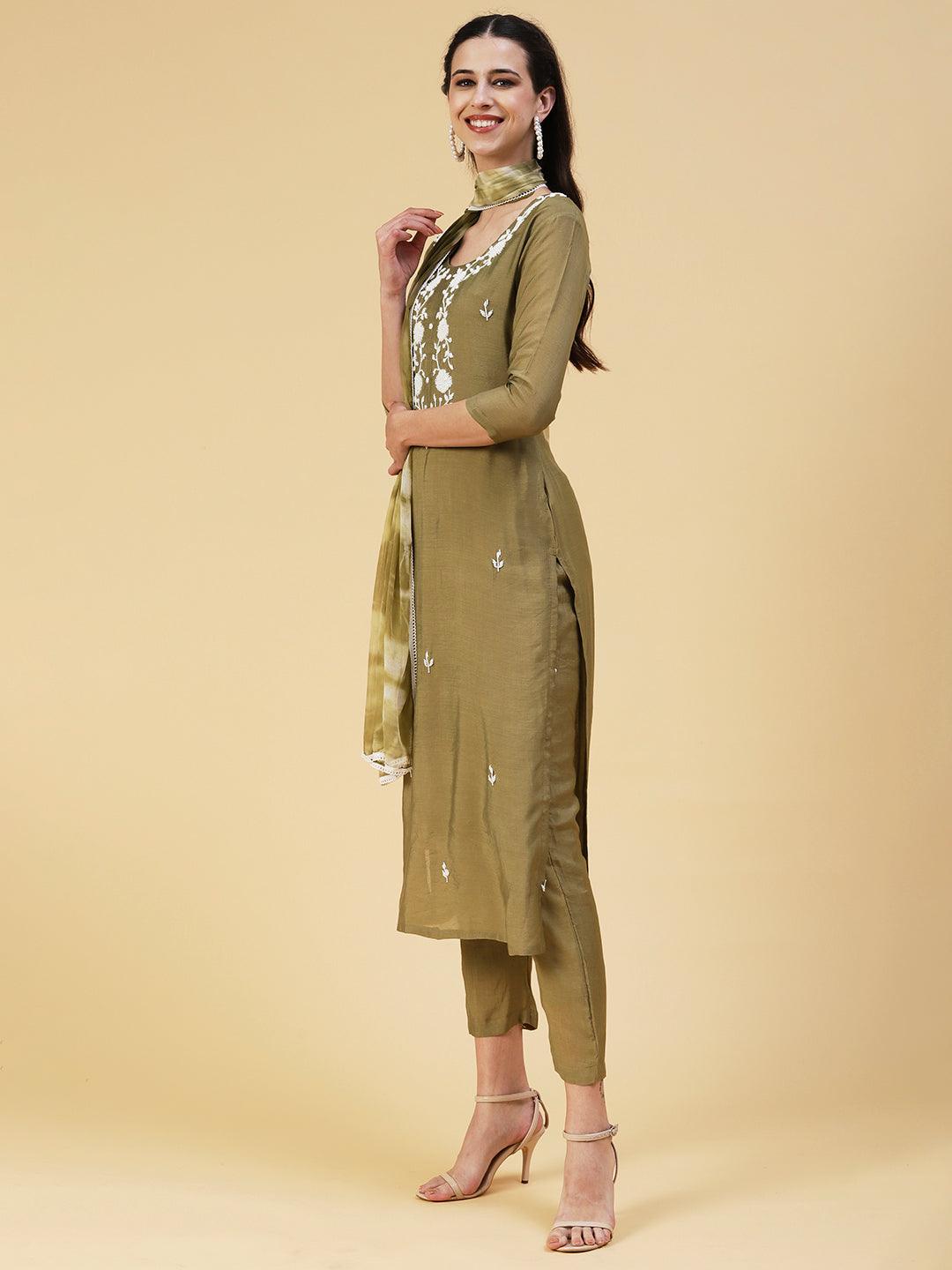 Solid Pearl Embroidered Kurta With Pants & Shibori Dupatta - Olive Green - Indiakreations