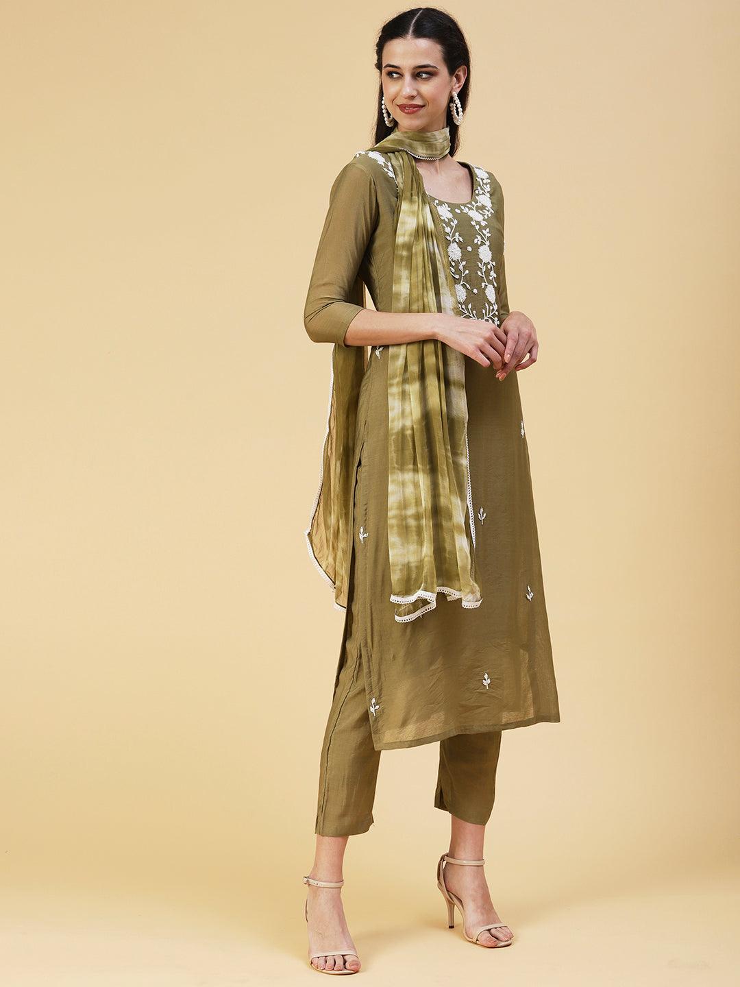 Solid Pearl Embroidered Kurta With Pants & Shibori Dupatta - Olive Green - Indiakreations