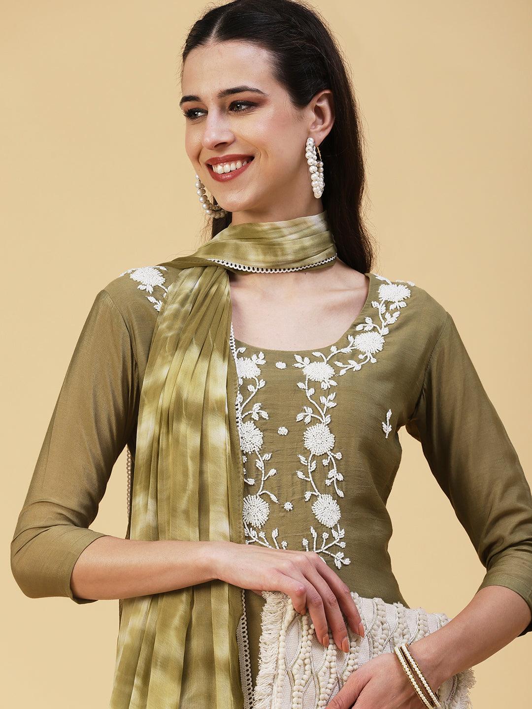 Solid Pearl Embroidered Kurta With Pants & Shibori Dupatta - Olive Green - Indiakreations