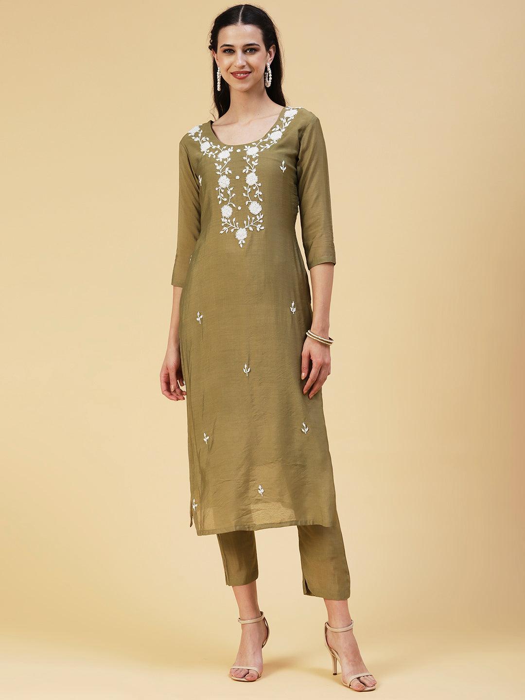 Solid Pearl Embroidered Kurta With Pants & Shibori Dupatta - Olive Green - Indiakreations