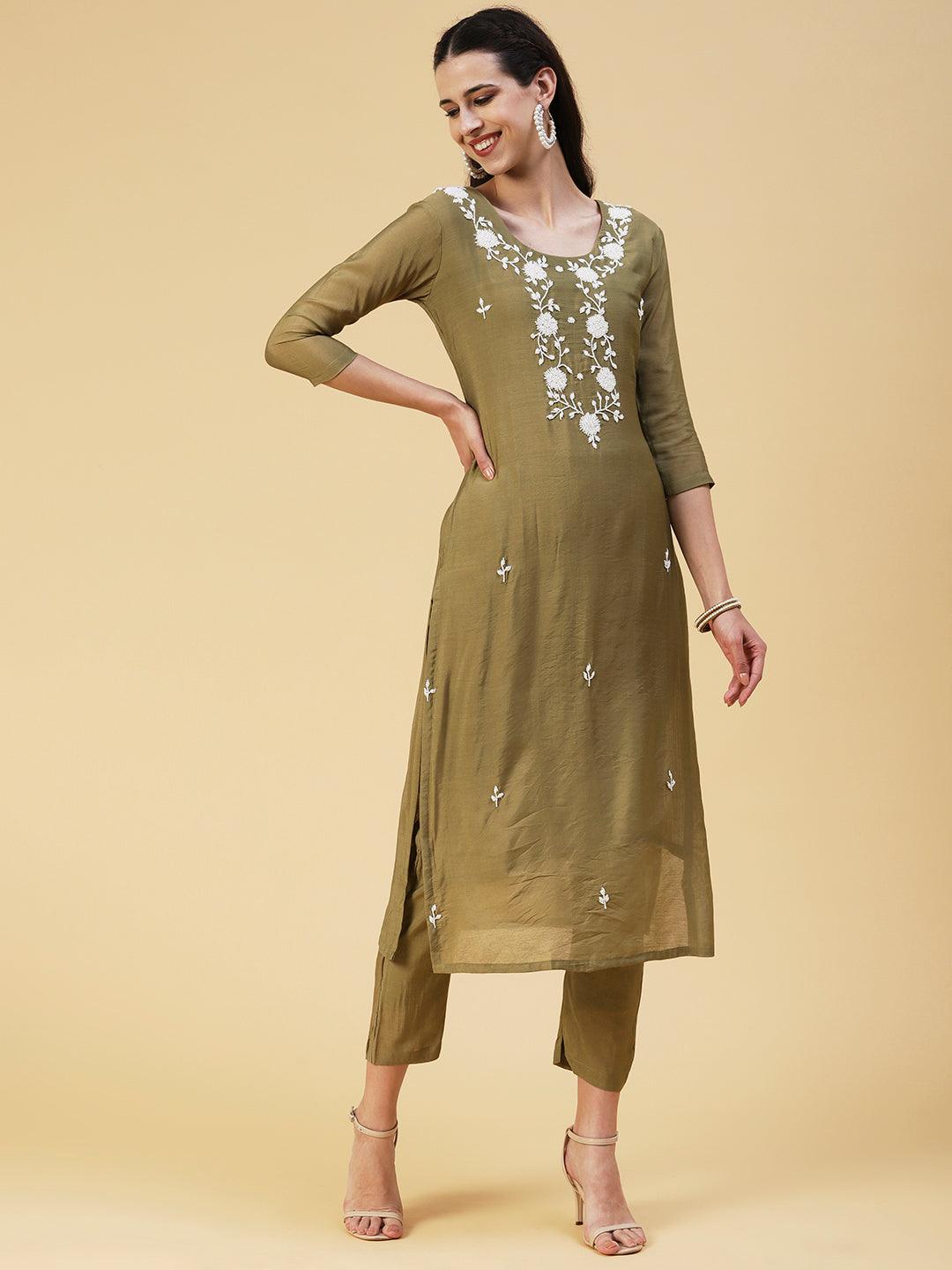 Solid Pearl Embroidered Kurta With Pants & Shibori Dupatta - Olive Green - Indiakreations