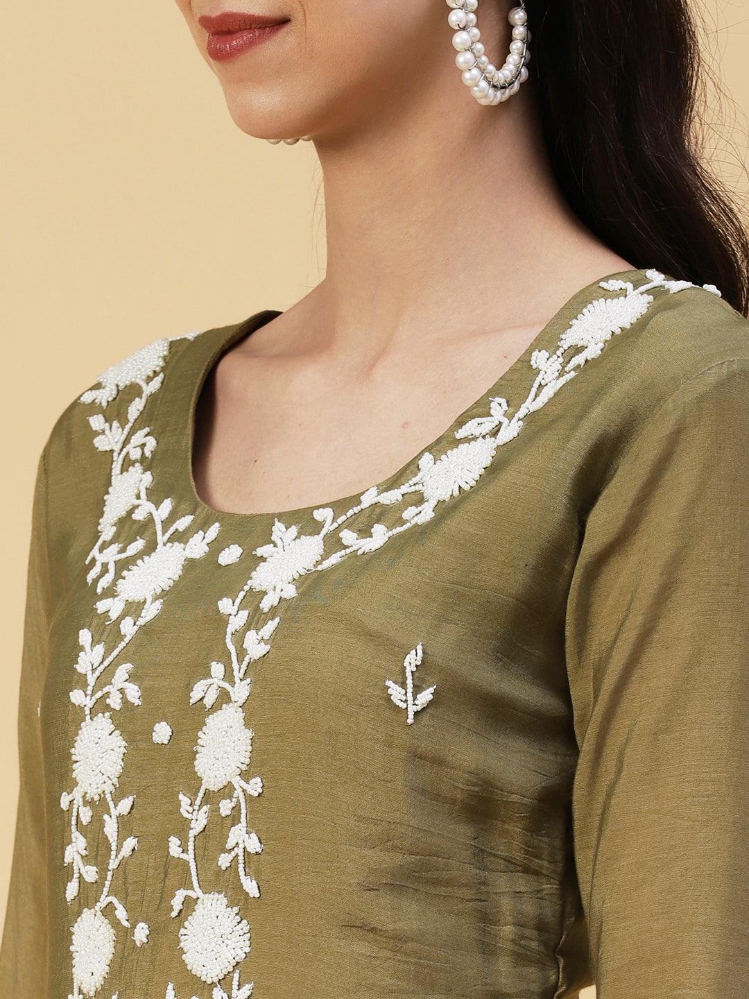 Solid Pearl Embroidered Kurta With Pants & Shibori Dupatta - Olive Green - Indiakreations