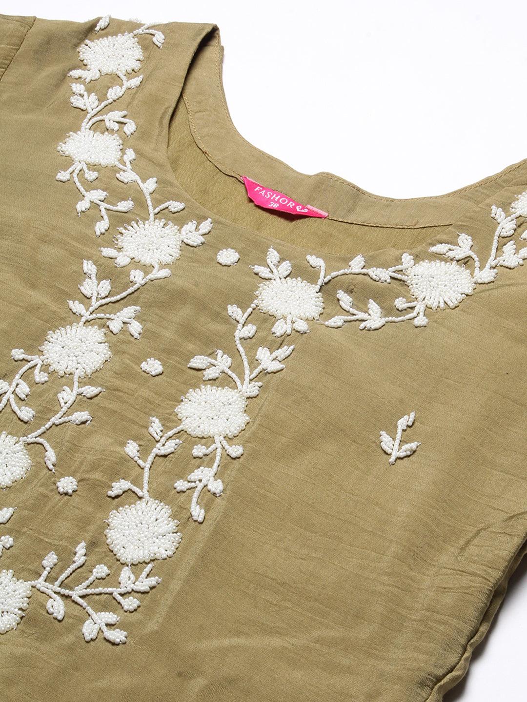 Solid Pearl Embroidered Kurta With Pants & Shibori Dupatta - Olive Green - Indiakreations