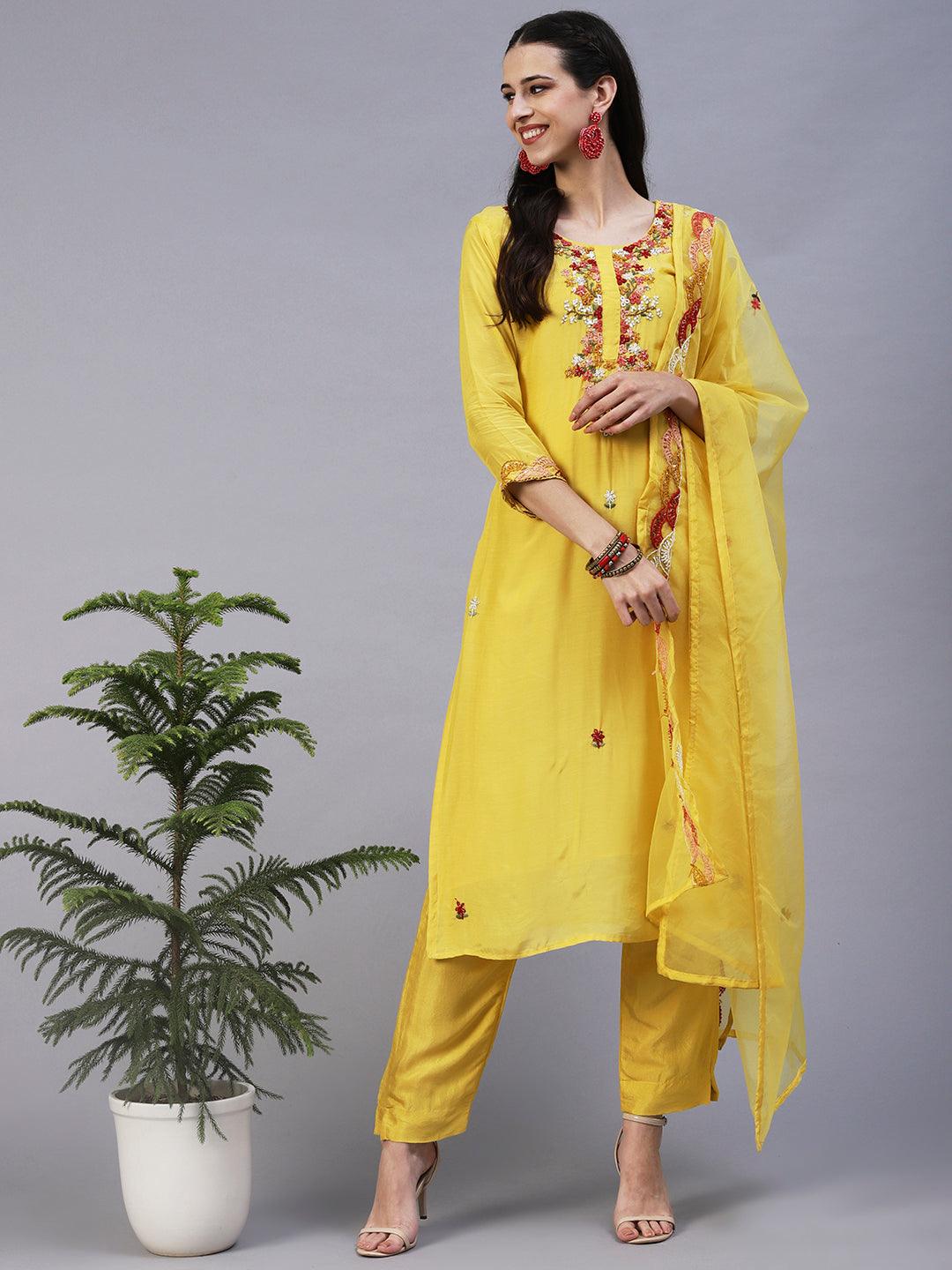 Solid Hand Embroidered Kurta With Pants & Embroidered Dupatta - Yellow - Indiakreations