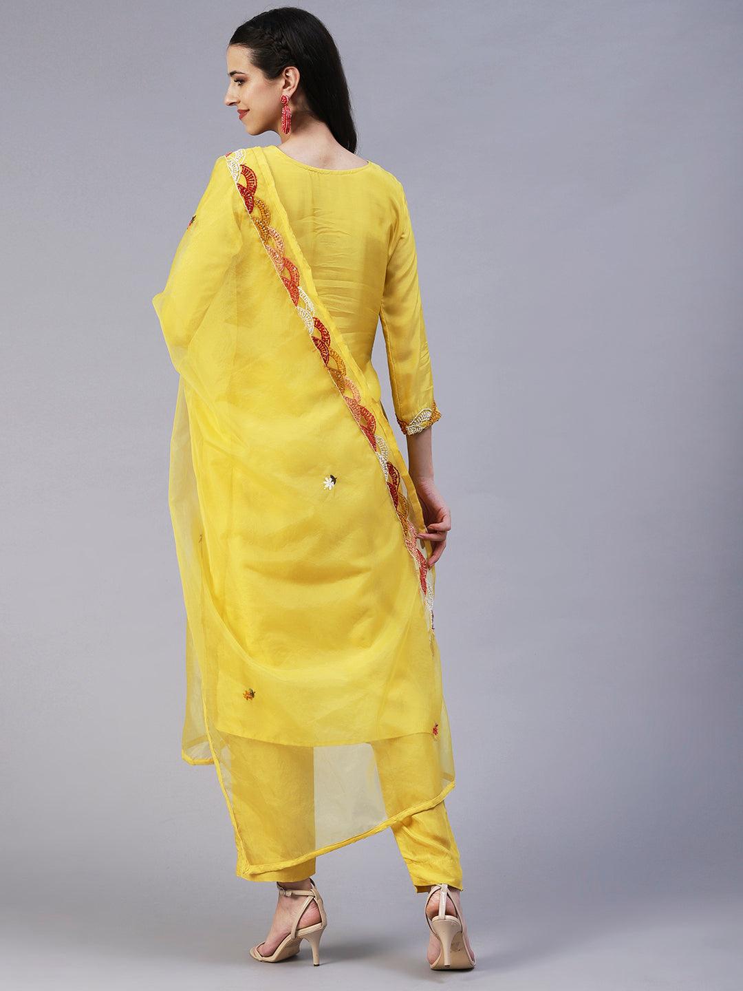 Solid Hand Embroidered Kurta With Pants & Embroidered Dupatta - Yellow - Indiakreations