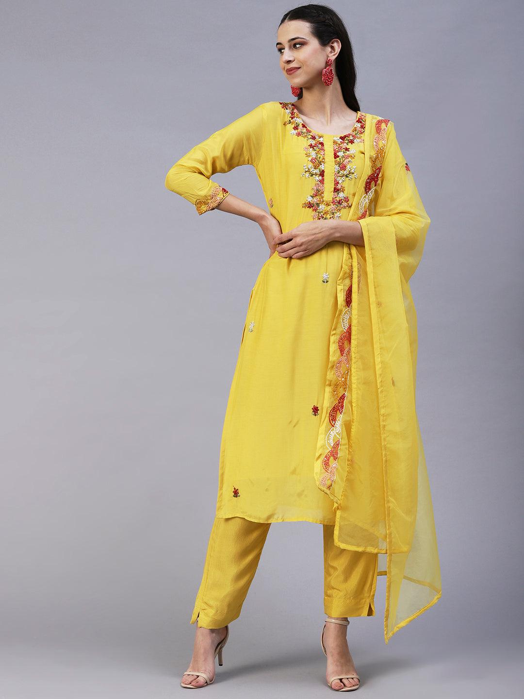 Solid Hand Embroidered Kurta With Pants & Embroidered Dupatta - Yellow - Indiakreations