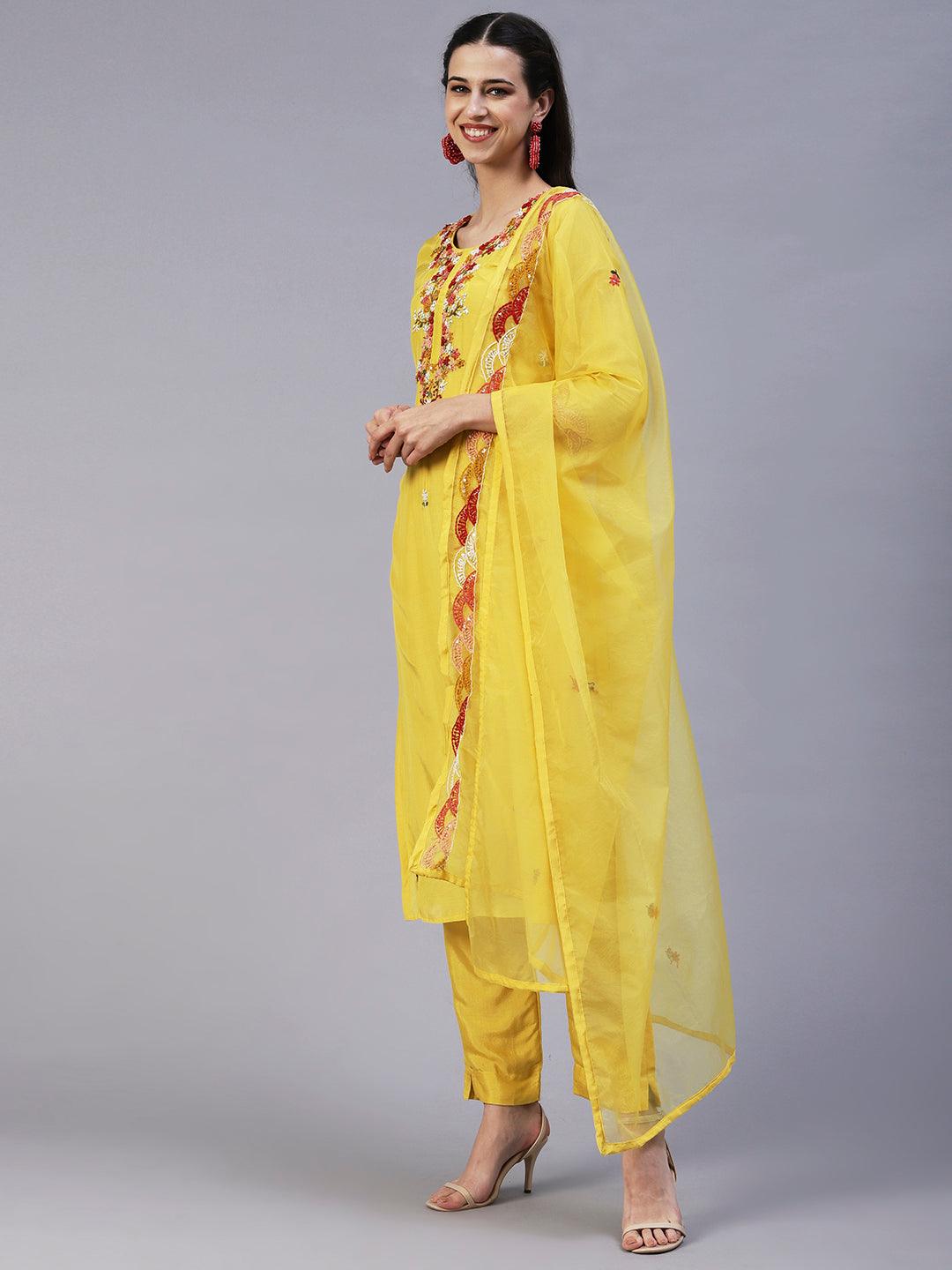 Solid Hand Embroidered Kurta With Pants & Embroidered Dupatta - Yellow - Indiakreations