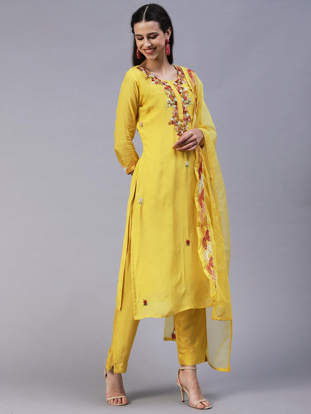 Solid Hand Embroidered Kurta With Pants & Embroidered Dupatta - Yellow - Indiakreations