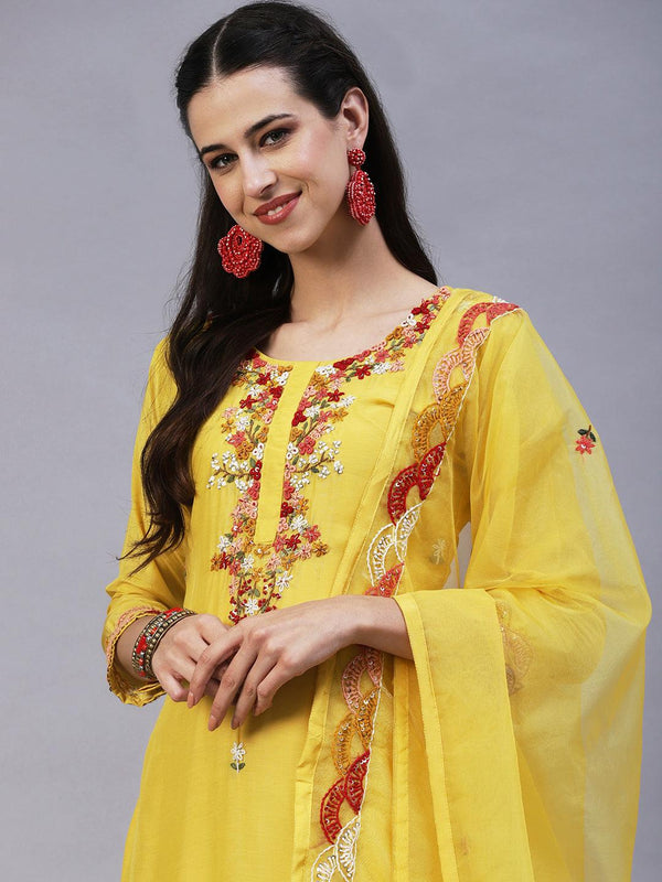 Solid Hand Embroidered Kurta With Pants & Embroidered Dupatta - Yellow - Indiakreations