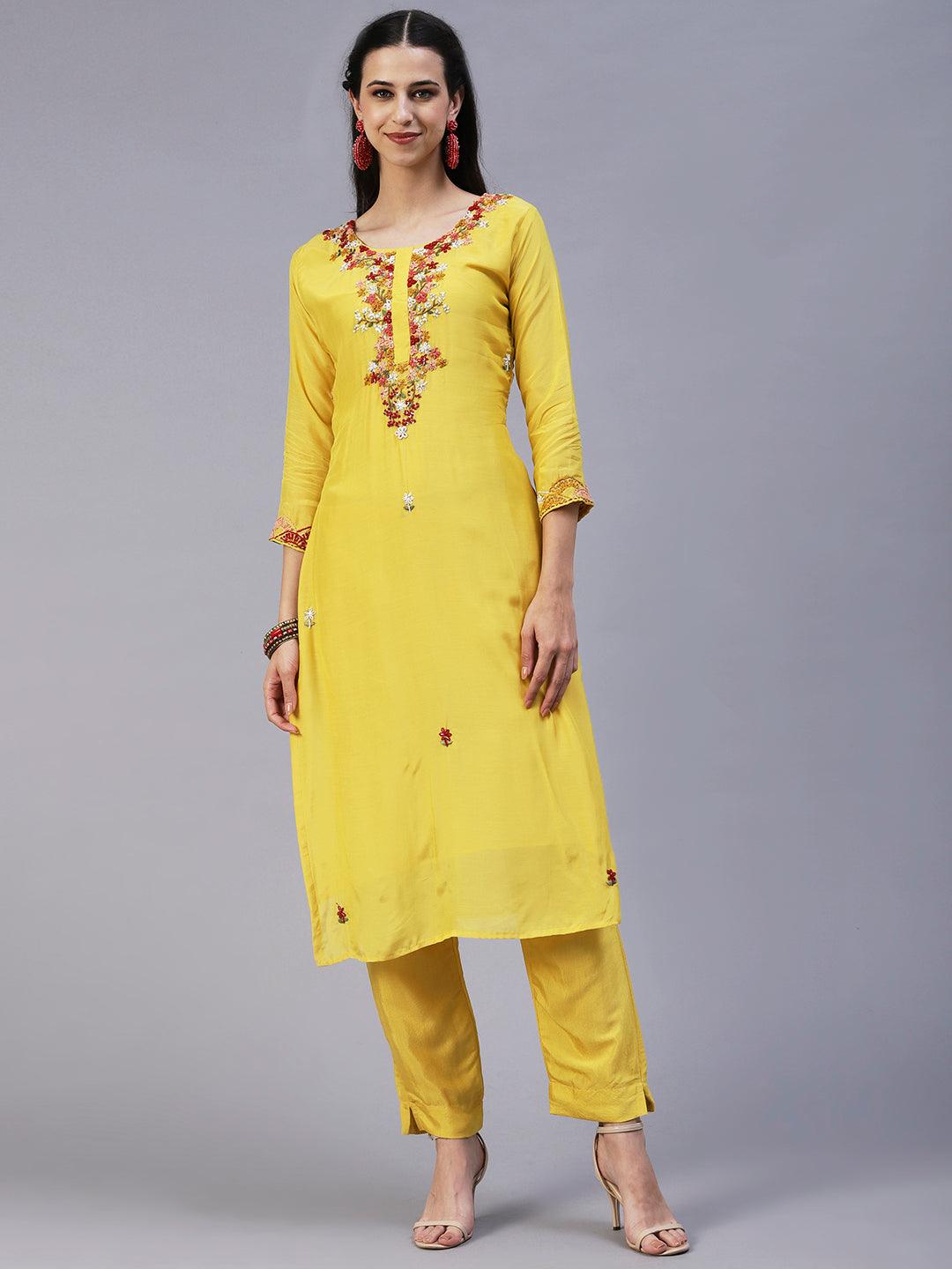 Solid Hand Embroidered Kurta With Pants & Embroidered Dupatta - Yellow - Indiakreations