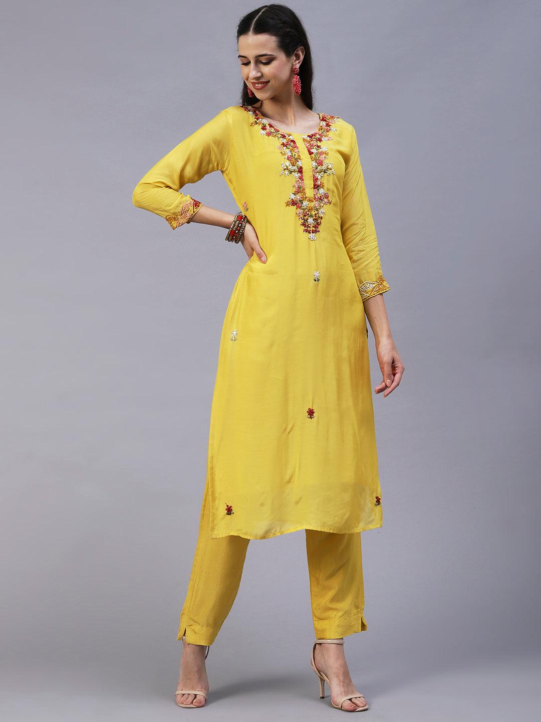 Solid Hand Embroidered Kurta With Pants & Embroidered Dupatta - Yellow - Indiakreations