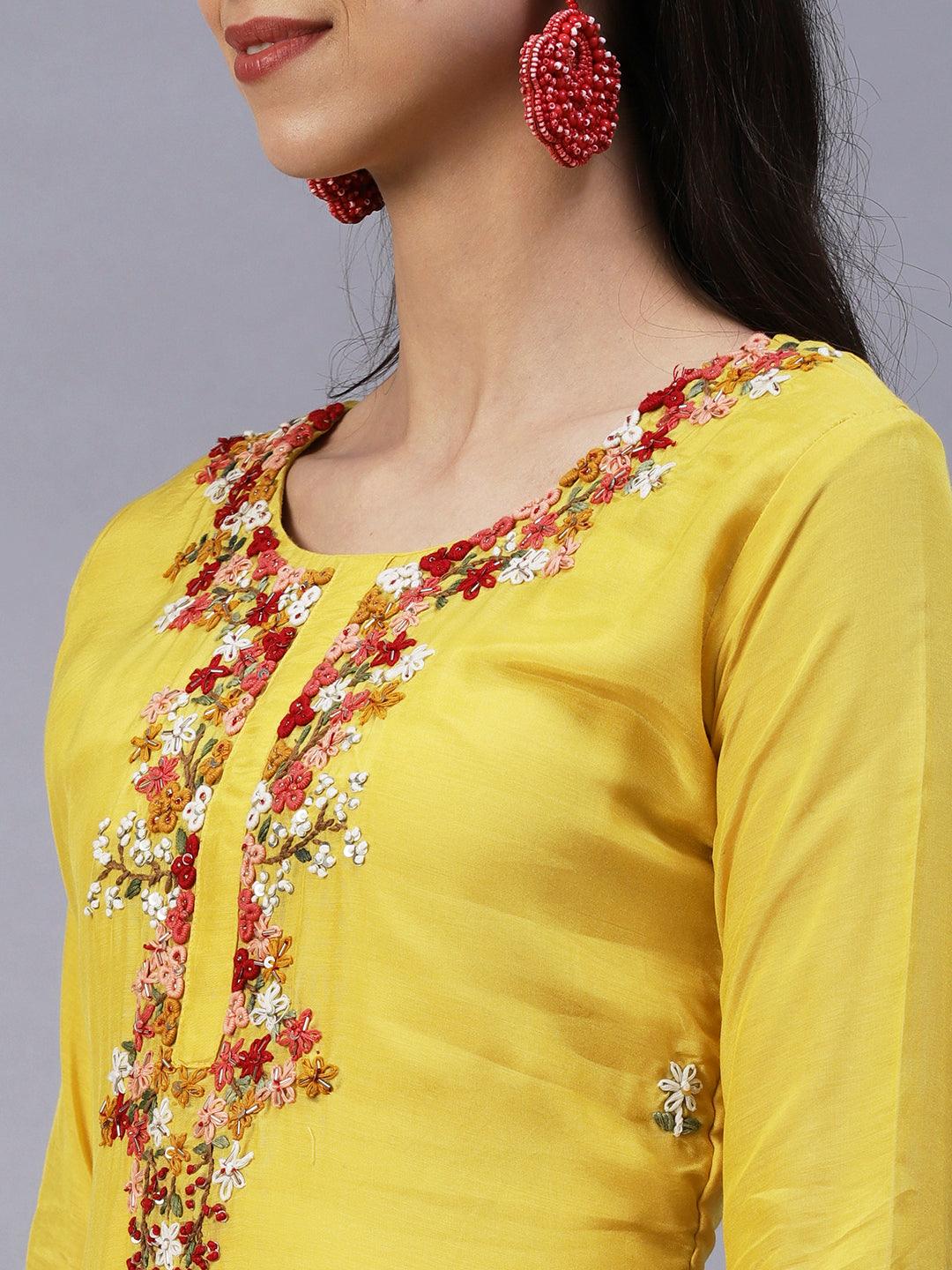 Solid Hand Embroidered Kurta With Pants & Embroidered Dupatta - Yellow - Indiakreations