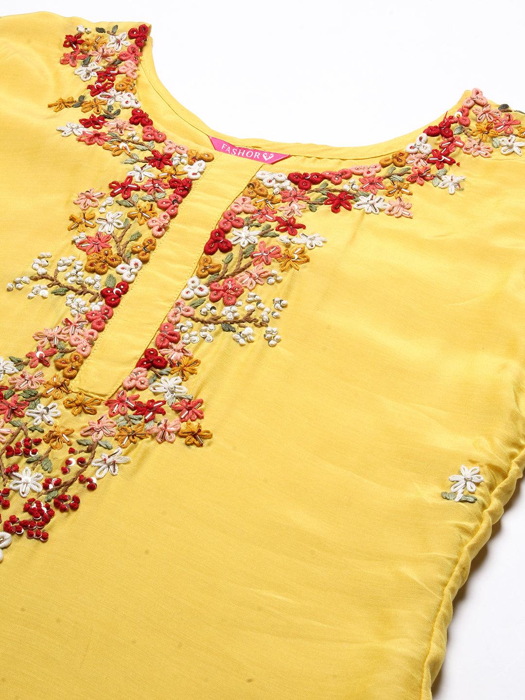 Solid Hand Embroidered Kurta With Pants & Embroidered Dupatta - Yellow - Indiakreations