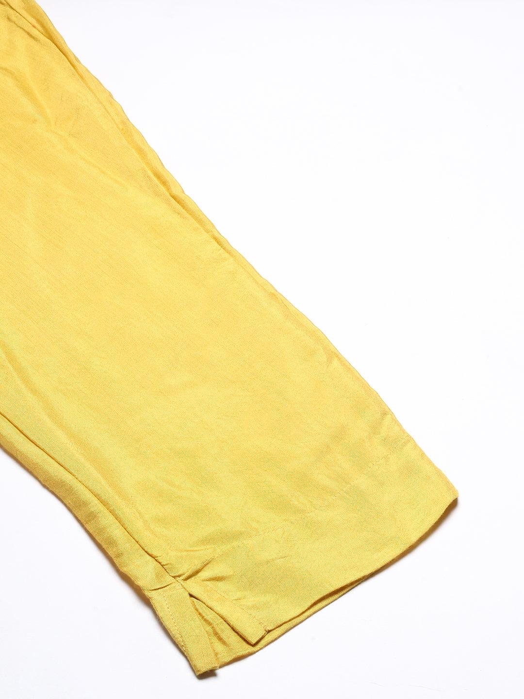 Solid Hand Embroidered Kurta With Pants & Embroidered Dupatta - Yellow - Indiakreations