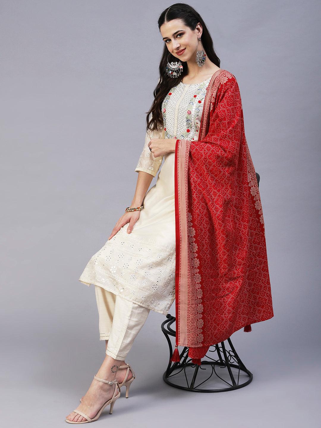 Solid Mirror Embroidered Kurta With Pants & Printed Dupatta - Off-White - Indiakreations