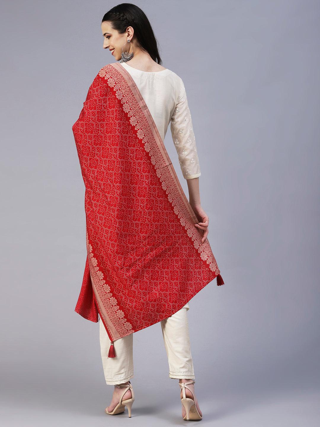 Solid Mirror Embroidered Kurta With Pants & Printed Dupatta - Off-White - Indiakreations