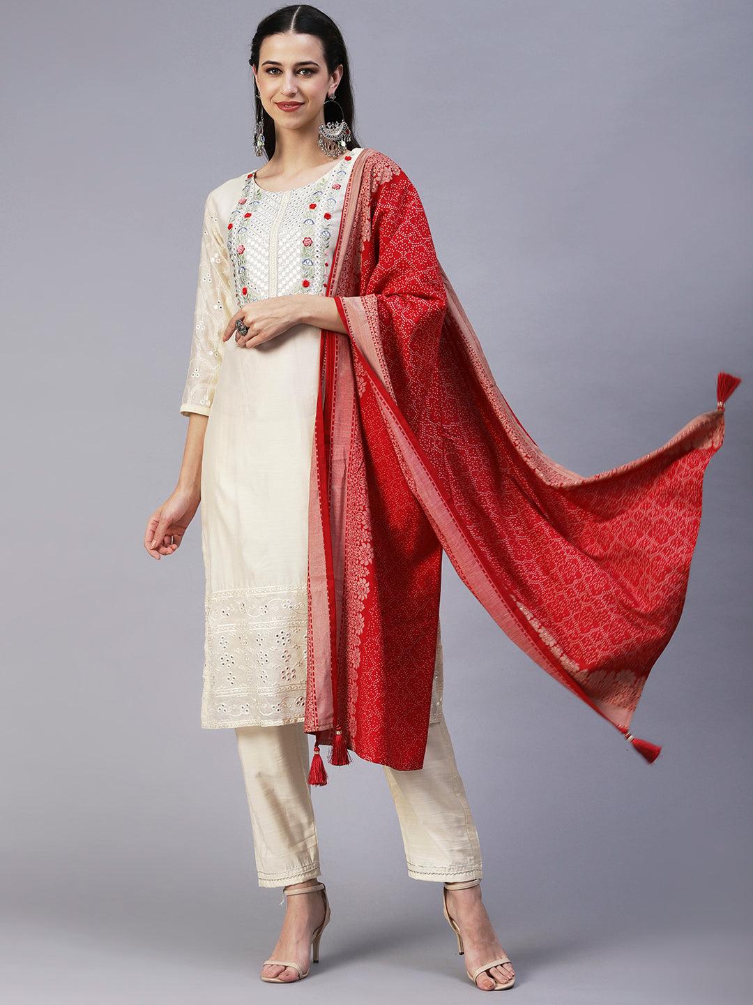 Solid Mirror Embroidered Kurta With Pants & Printed Dupatta - Off-White - Indiakreations