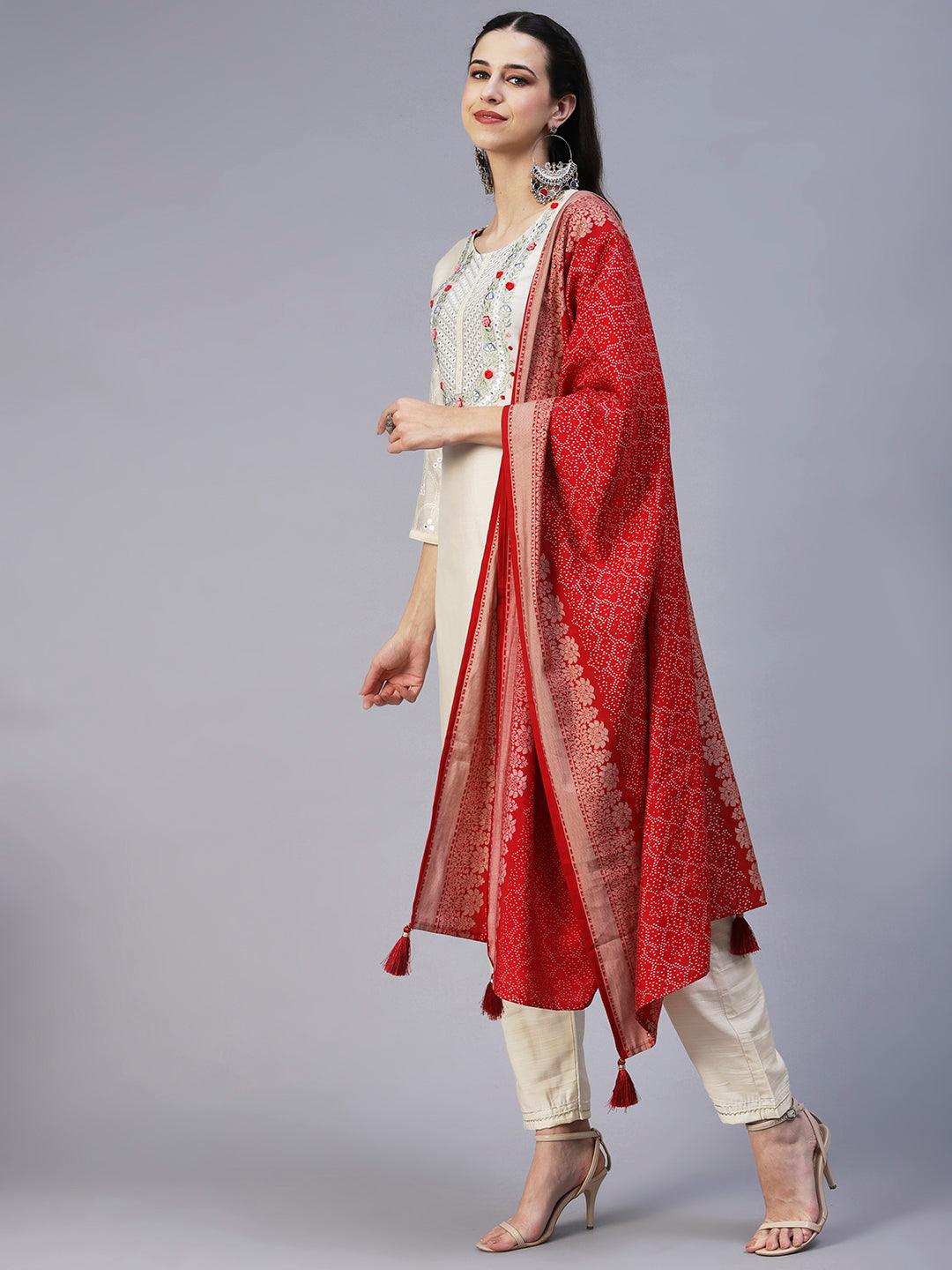 Solid Mirror Embroidered Kurta With Pants & Printed Dupatta - Off-White - Indiakreations