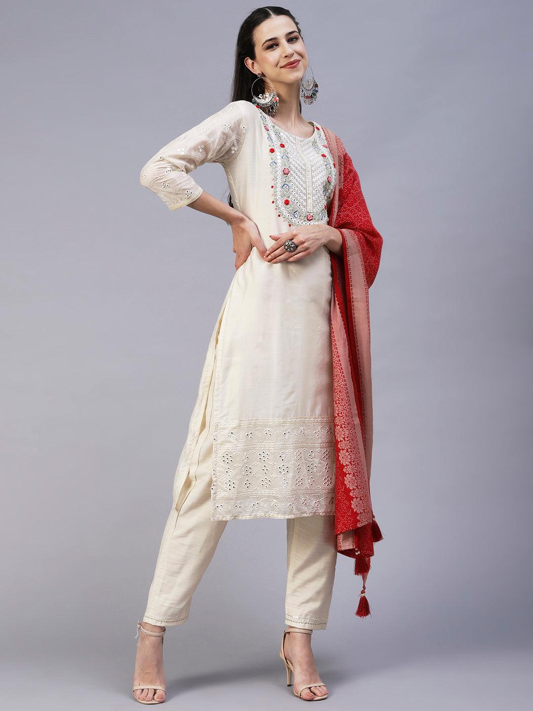 Solid Mirror Embroidered Kurta With Pants & Printed Dupatta - Off-White - Indiakreations