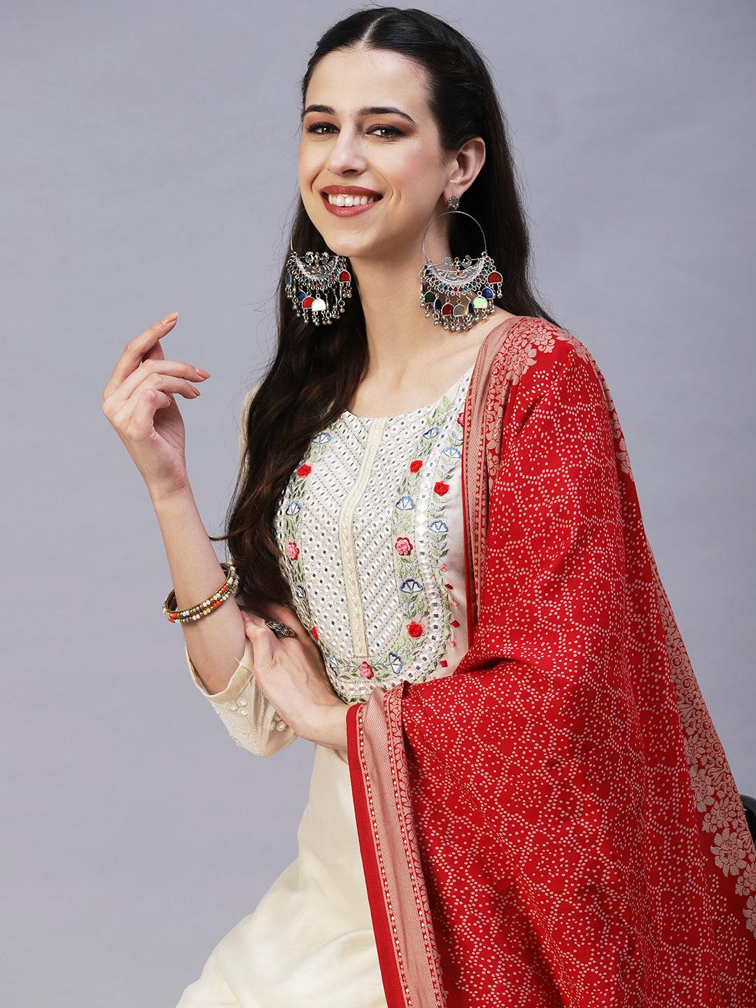 Solid Mirror Embroidered Kurta With Pants & Printed Dupatta - Off-White - Indiakreations