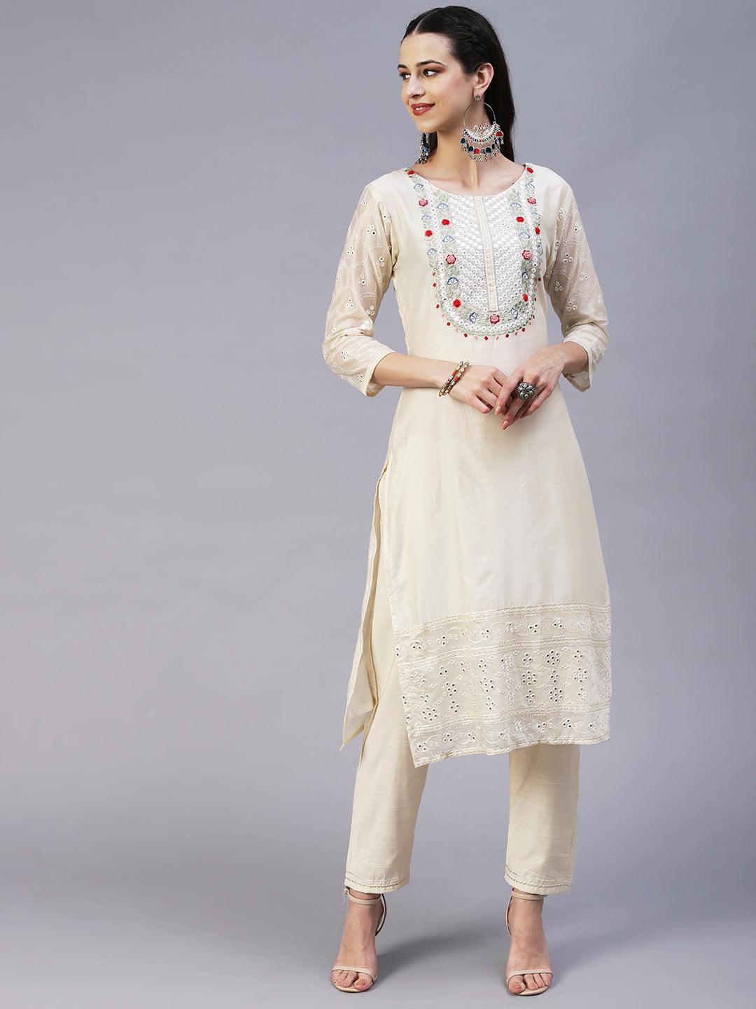 Solid Mirror Embroidered Kurta With Pants & Printed Dupatta - Off-White - Indiakreations