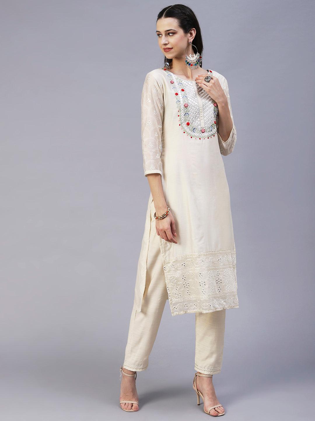 Solid Mirror Embroidered Kurta With Pants & Printed Dupatta - Off-White - Indiakreations