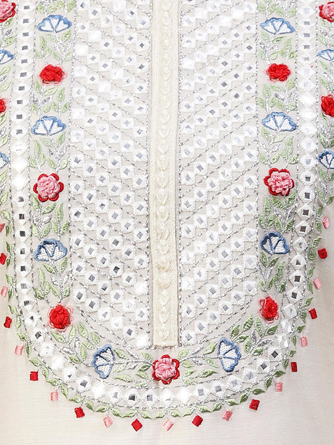 Solid Mirror Embroidered Kurta With Pants & Printed Dupatta - Off-White - Indiakreations