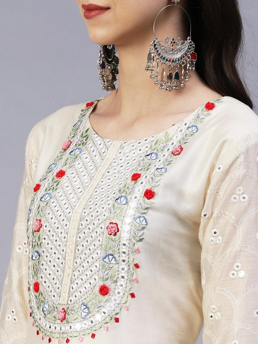 Solid Mirror Embroidered Kurta With Pants & Printed Dupatta - Off-White - Indiakreations