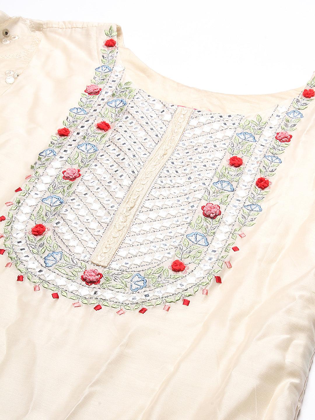 Solid Mirror Embroidered Kurta With Pants & Printed Dupatta - Off-White - Indiakreations