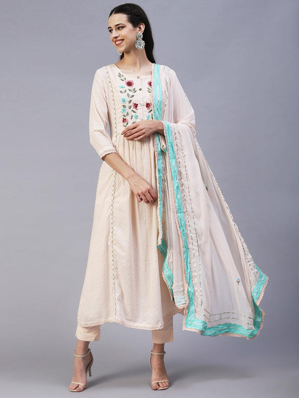 Floral Hand Embroidered A-Line Kurta with Pant & Dupatta - Cream - Indiakreations