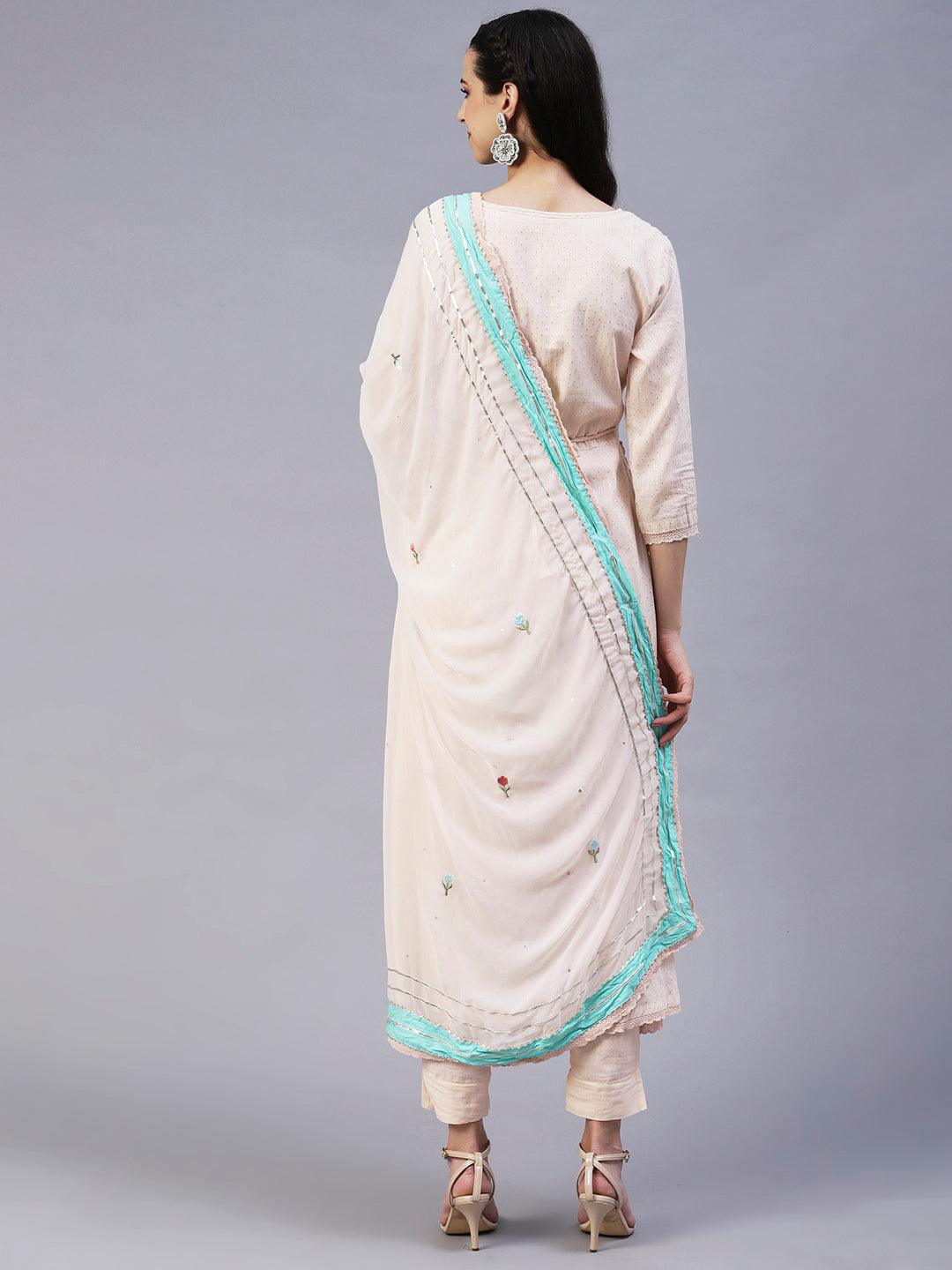 Floral Hand Embroidered A-Line Kurta with Pant & Dupatta - Cream - Indiakreations