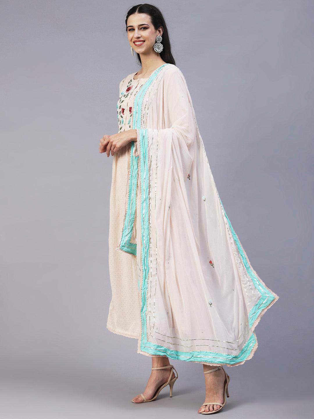 Floral Hand Embroidered A-Line Kurta with Pant & Dupatta - Cream - Indiakreations