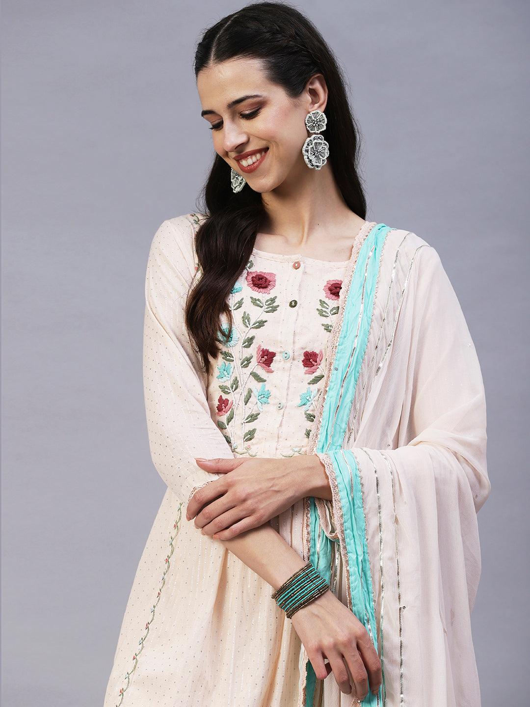 Floral Hand Embroidered A-Line Kurta with Pant & Dupatta - Cream - Indiakreations