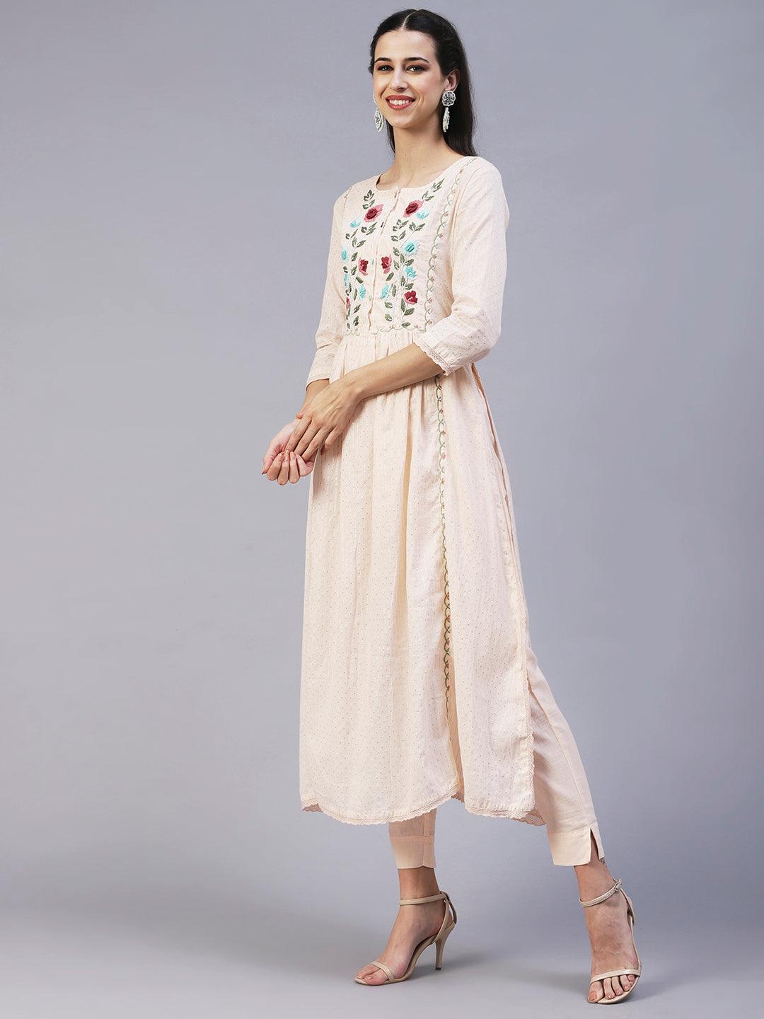 Floral Hand Embroidered A-Line Kurta with Pant & Dupatta - Cream - Indiakreations