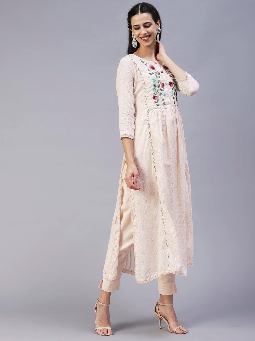 Floral Hand Embroidered A-Line Kurta with Pant & Dupatta - Cream - Indiakreations