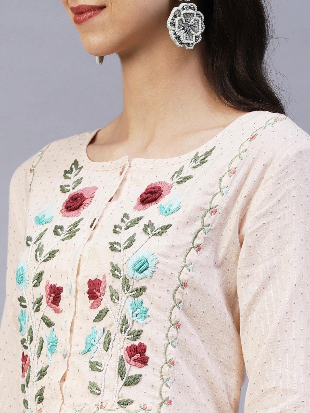 Floral Hand Embroidered A-Line Kurta with Pant & Dupatta - Cream - Indiakreations