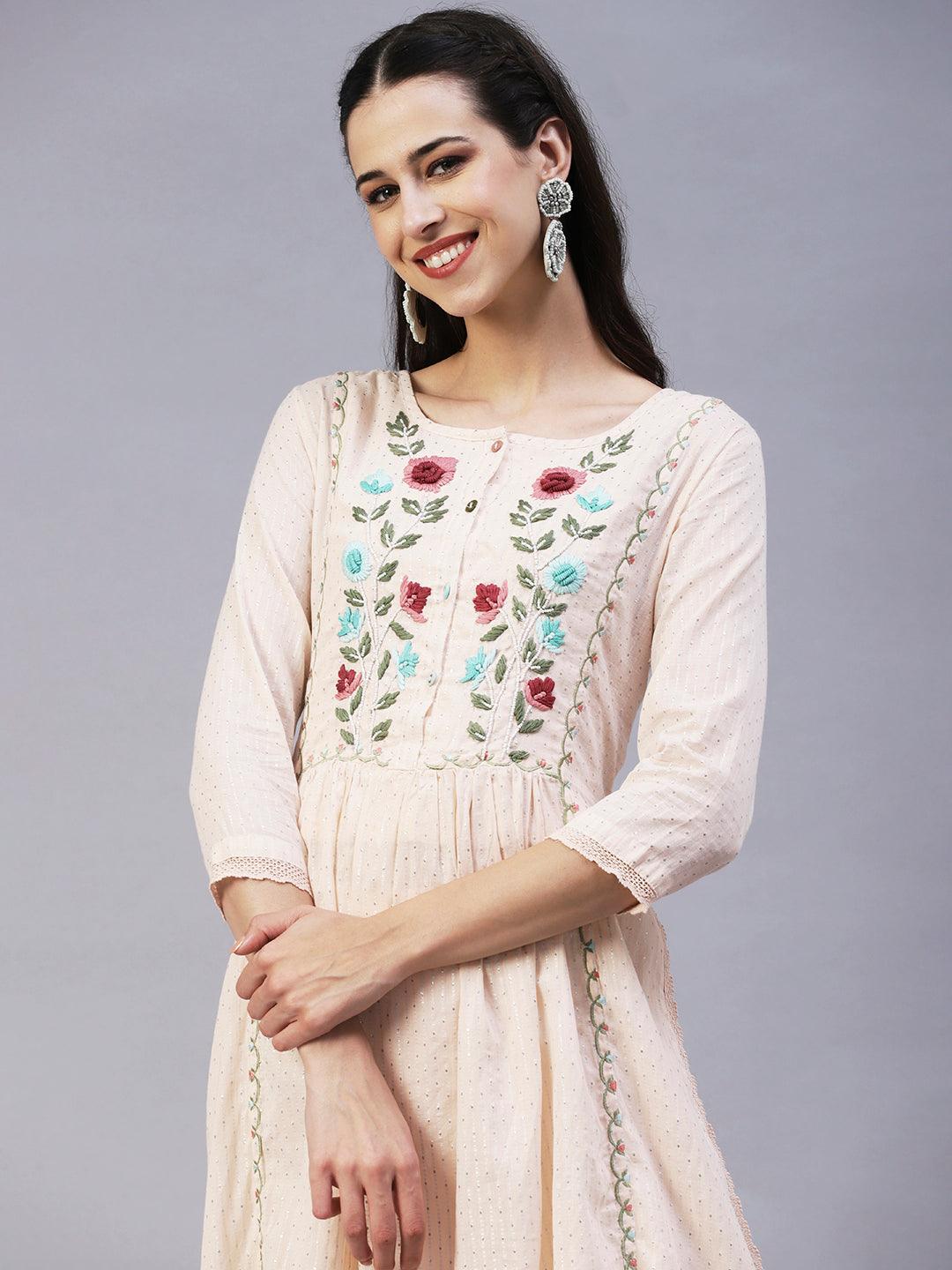 Floral Hand Embroidered A-Line Kurta with Pant & Dupatta - Cream - Indiakreations