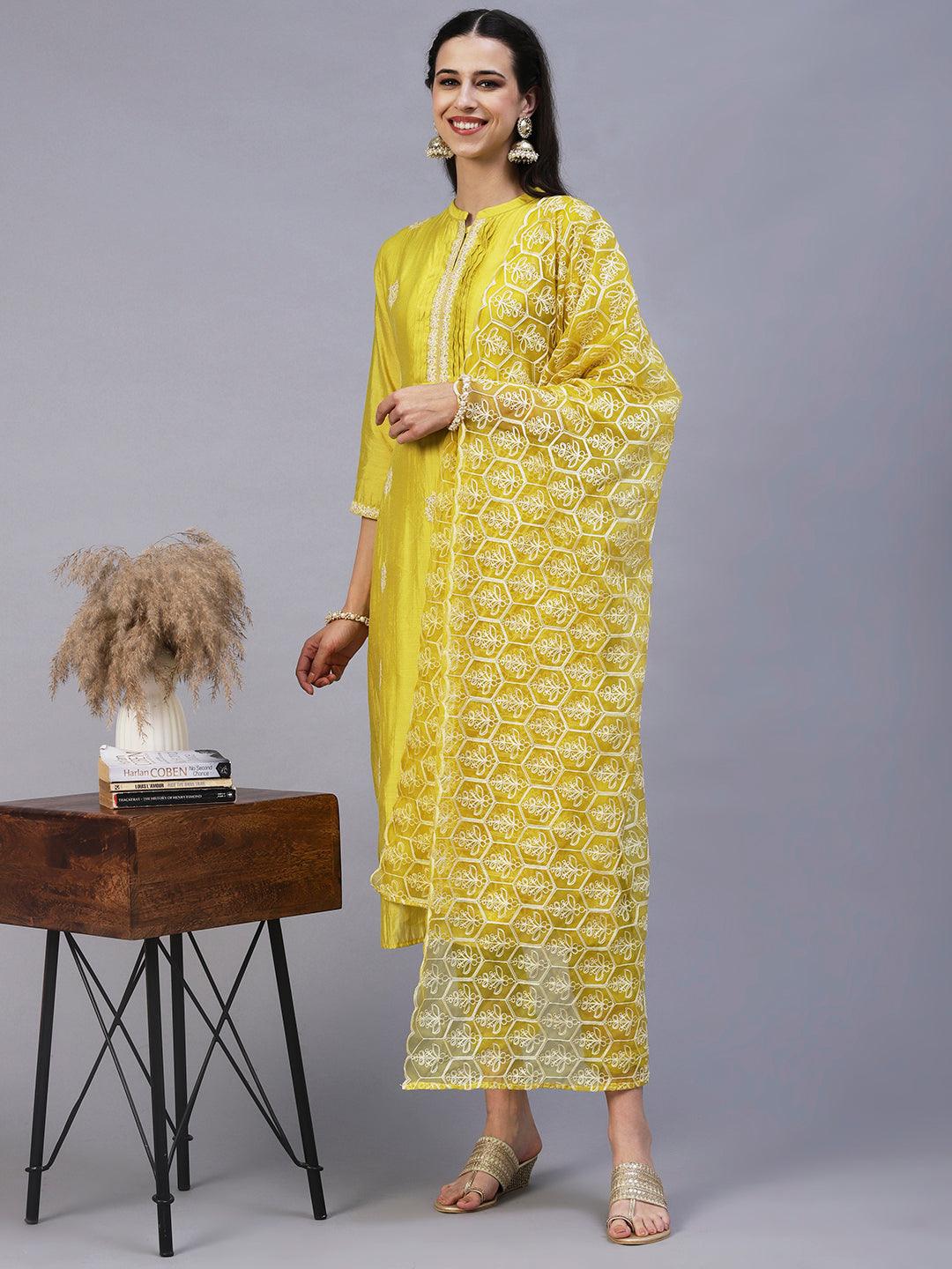 Ethnic Embroidered Straight Kurta with Pant & Dupatta - Yellow - Indiakreations