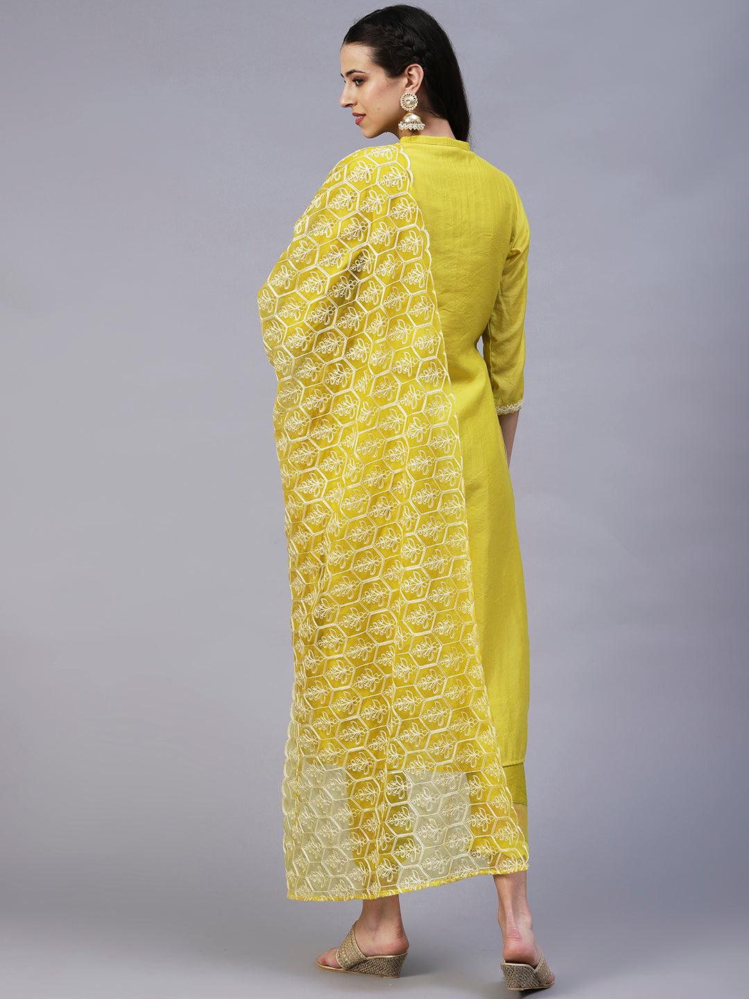 Ethnic Embroidered Straight Kurta with Pant & Dupatta - Yellow - Indiakreations