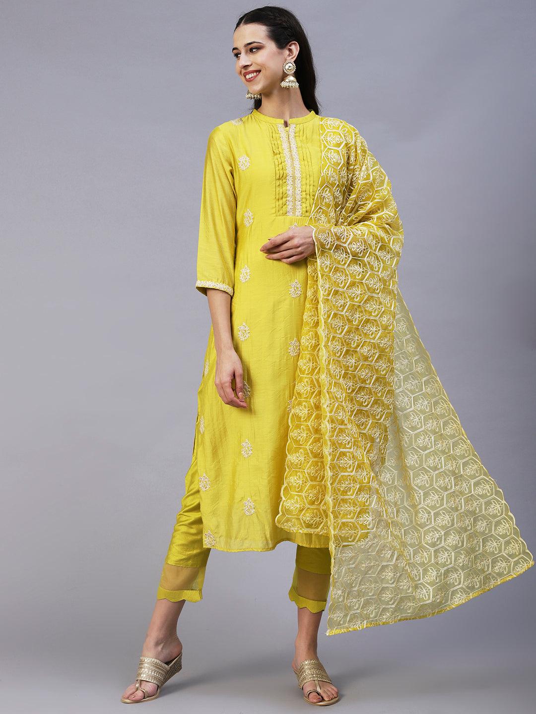 Ethnic Embroidered Straight Kurta with Pant & Dupatta - Yellow - Indiakreations