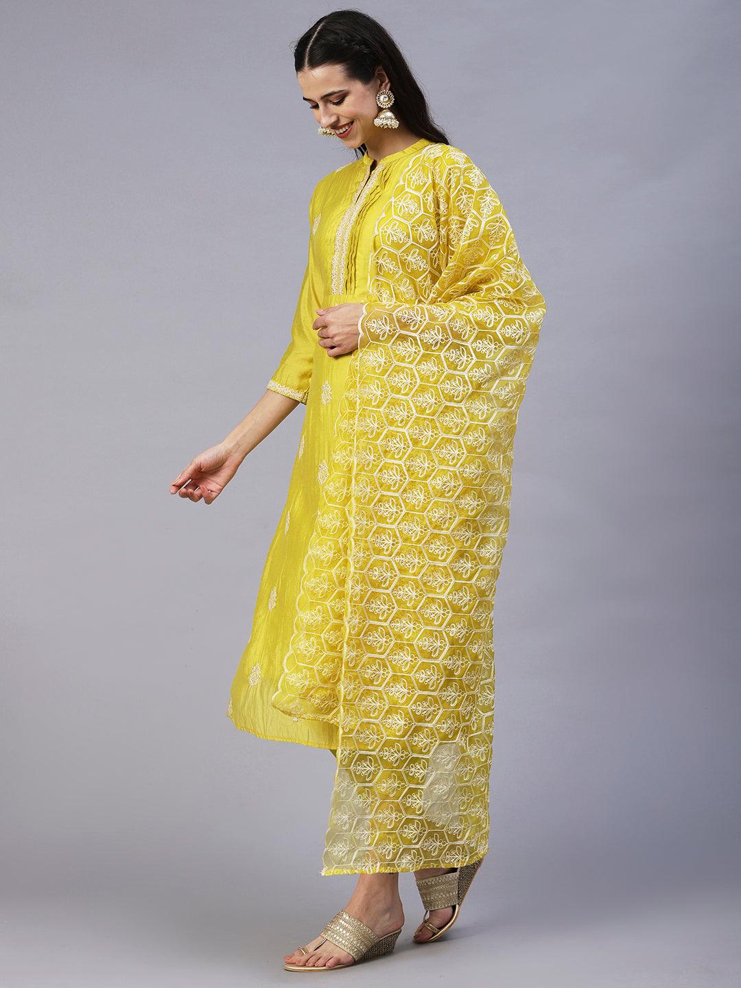 Ethnic Embroidered Straight Kurta with Pant & Dupatta - Yellow - Indiakreations